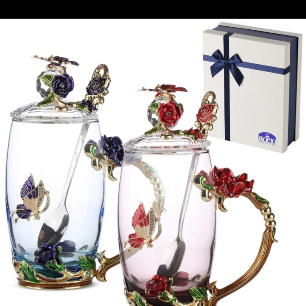 Brew To A Tea Btat- Floral Glass Tea Cups Spoon Lid Set Pack Of 2 11 Oz Blue NIB